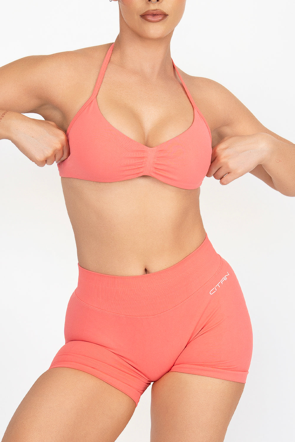 TRUE SHAPE MINIMAL RUCHED HALTER CROP - CORAL