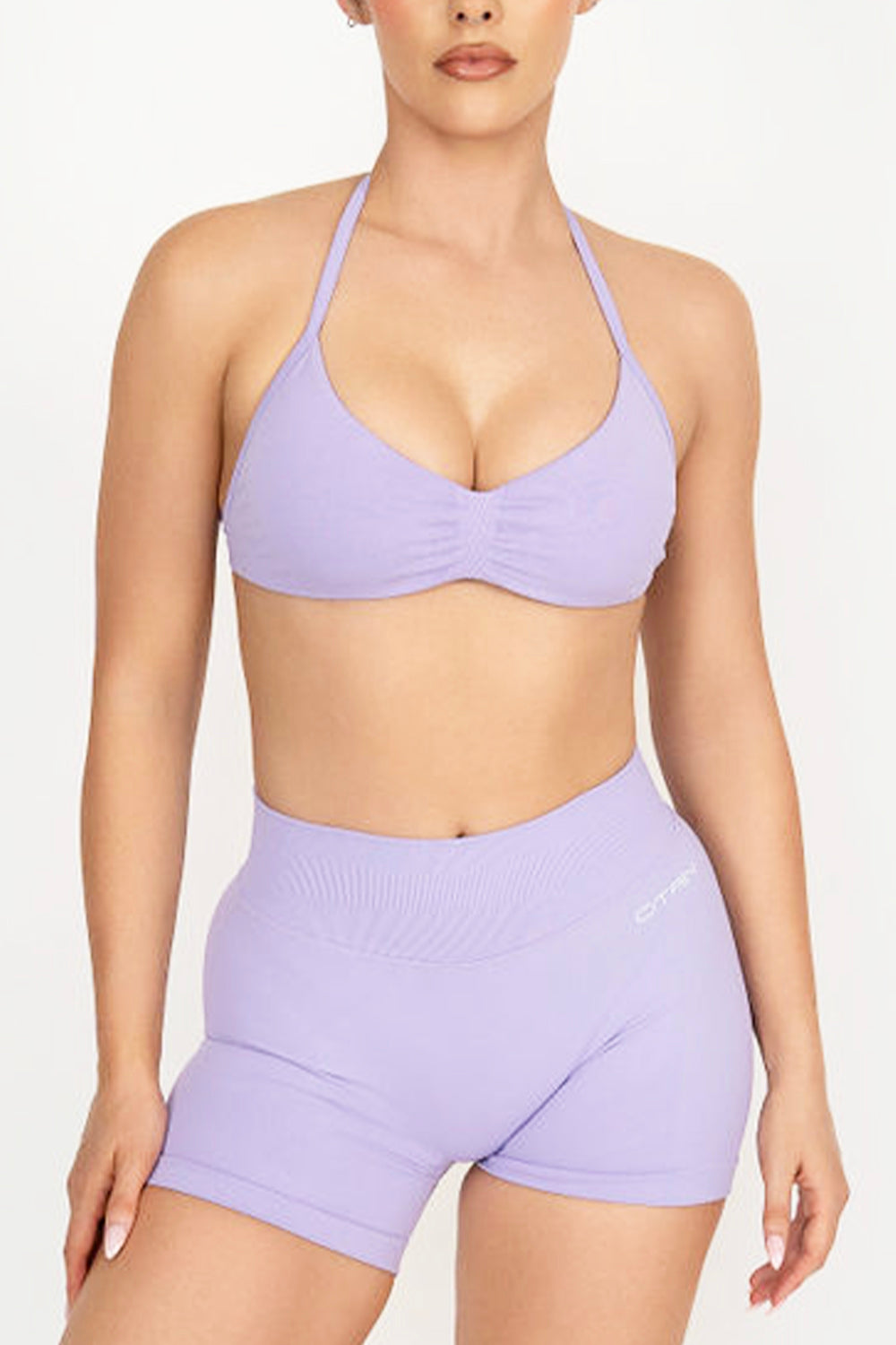 TRUE SHAPE MINIMAL RUCHED HALTER CROP - LIGHT PURPLE