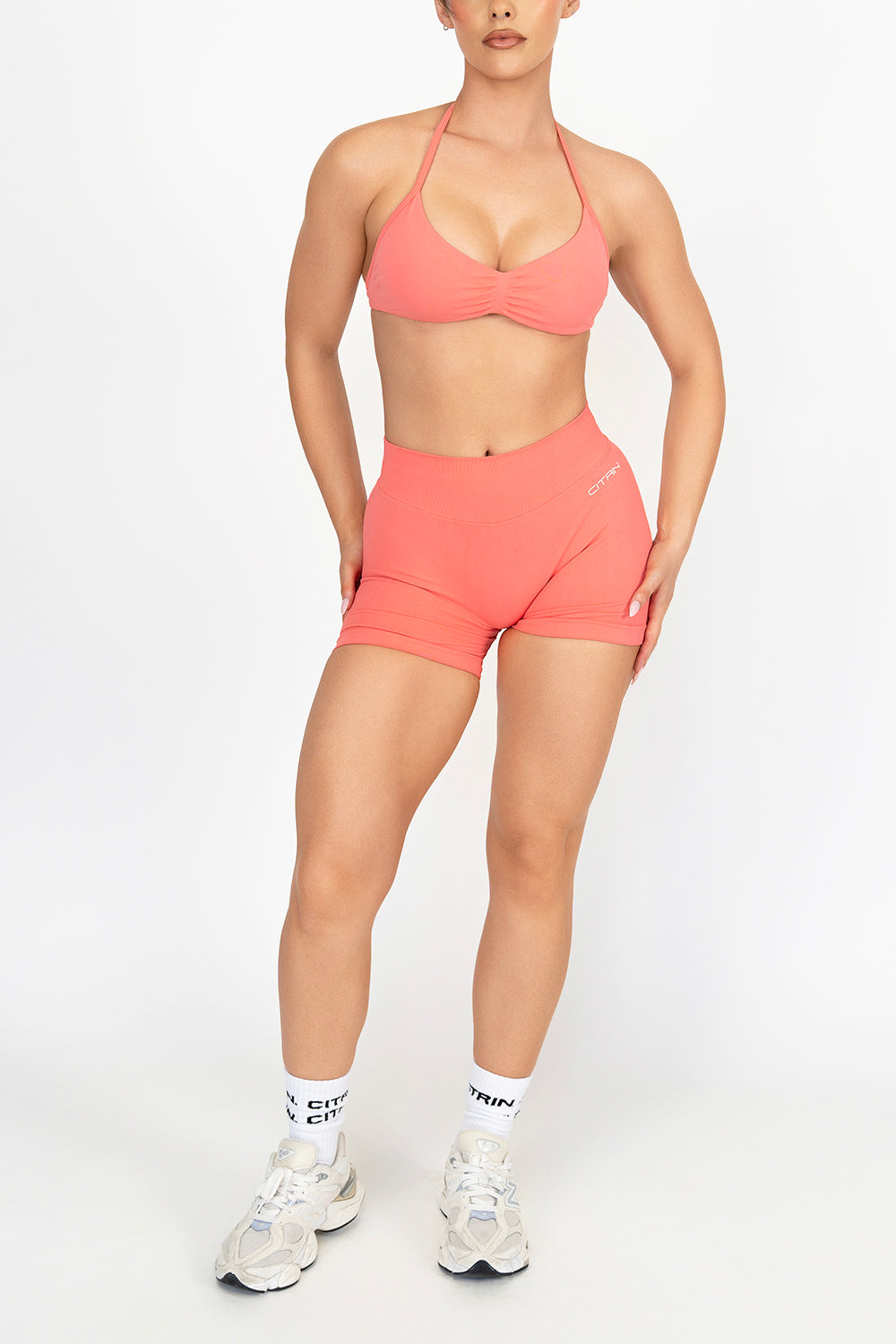 TRUE SHAPE MINIMAL RUCHED HALTER CROP - CORAL